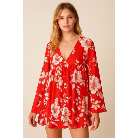 Free People Bella Women's Red 2x Blouse Romantic Babydoll Floral Boho Top - Picture 1 of 13